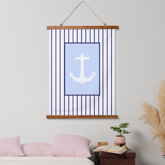 White Anchor Captain Blue Stripes Sea Ocean Hanging Tapestry (Bedroom)
