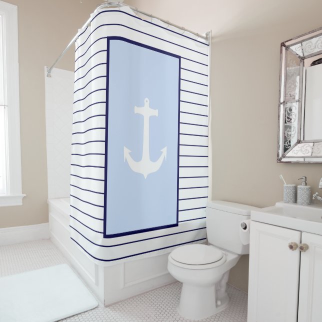 White Anchor Captain Blue Stripes Sea Sailor Shower Curtain (In Situ)