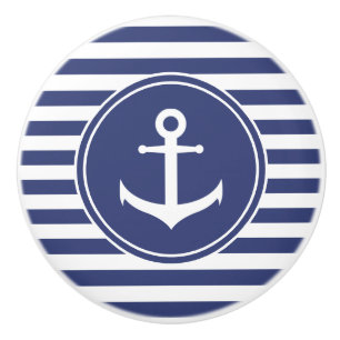 White Anchor in Dark Blue Circle on Stripes Ceramic Knob