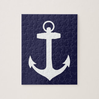White Anchor on Navy Blue Background Jigsaw Puzzle