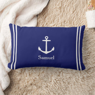White Anchor on Navy Blue Personalised Lumbar Cushion