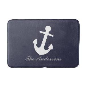 White Anchor on Navy Blue, Personalised Nautical Bath Mat