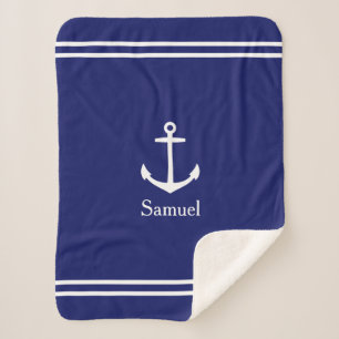 White Anchor on Navy Blue Personalised Sherpa Blanket