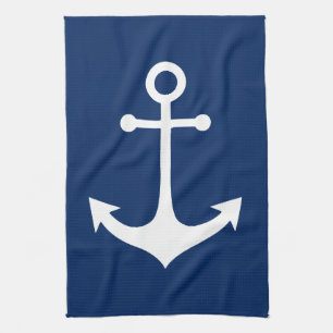 white anchor on navy blue tea towel