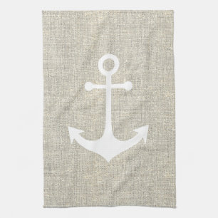 white anchor on rustic faux grey burlap texture tea towel
