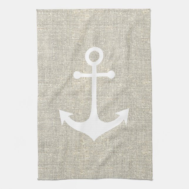white anchor on rustic faux grey burlap texture tea towel (Vertical)