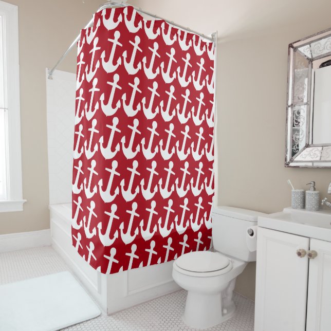 White Anchor Pattern on Red Background, Nautical Shower Curtain (In Situ)