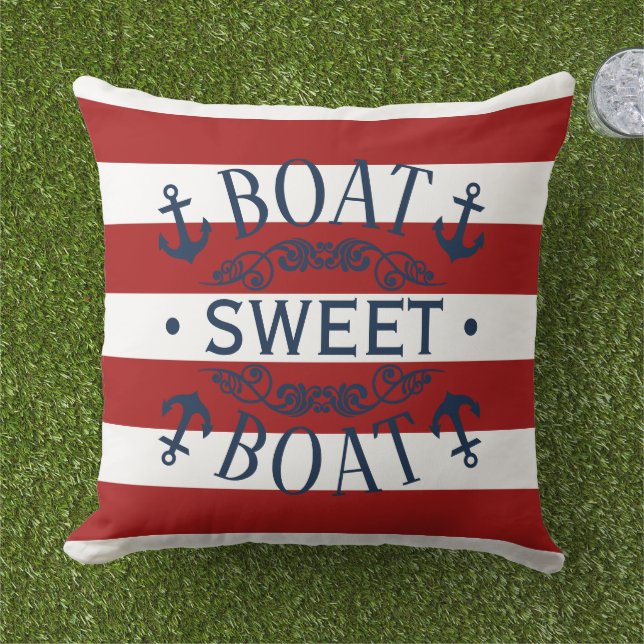 White Anchors Boat Sweet Boat Quote On Stripe Cushion (Grass)