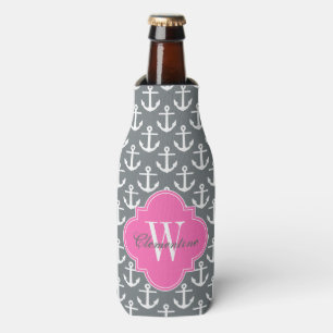 White Anchors, Hot Pink 1I Name Monogram Bottle Cooler