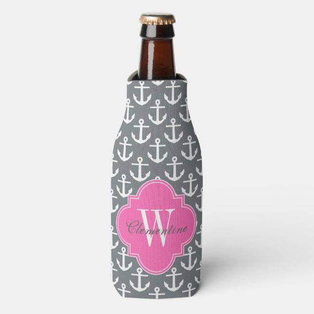 White Anchors, Hot Pink 1I Name Monogram Bottle Cooler (Bottle Front)