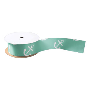 White Anchors Lucite Green Background Pattern Satin Ribbon