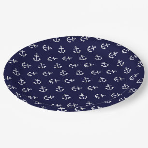 White Anchors Navy Blue Background Pattern Paper Plate