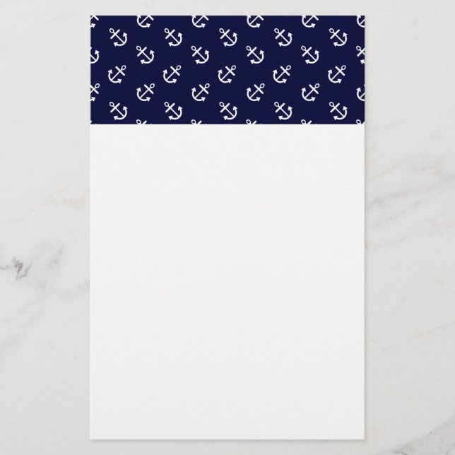 White Anchors Navy Blue Background Pattern Stationery (Front)