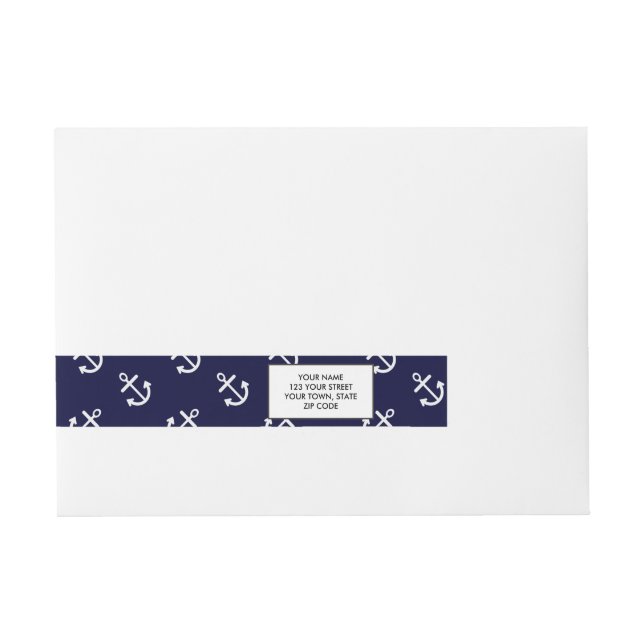 White Anchors Navy Blue Background Pattern Wraparound Address Label (Front)