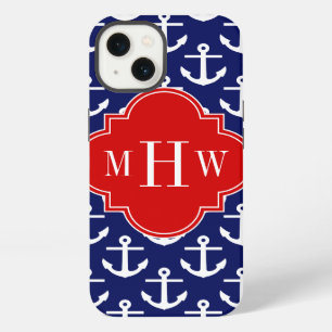 White Anchors Navy Blue, Red 3 Initial Monogram iPhone Case