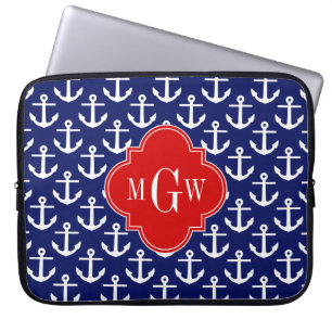 White Anchors Navy Blue, Red 3 Initial Monogram Laptop Sleeve