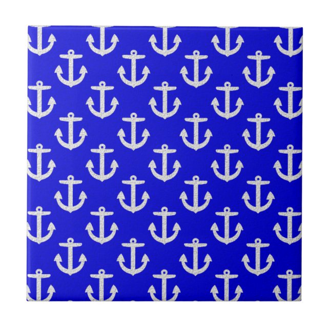 White Anchors On Blue Background Ceramic Tile (Front)