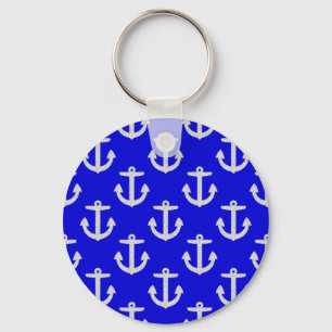 White Anchors On Blue Background Key Ring
