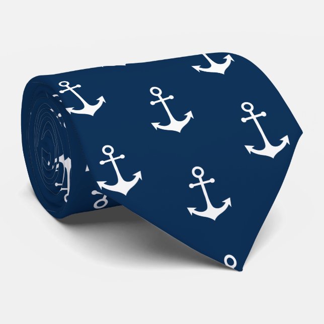 white anchors on navy blue background tie (Rolled)