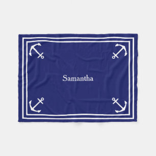 White Anchors on Navy Blue Personalised Fleece Blanket