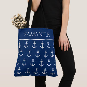 White Anchors on Navy Blue Personalised Tote Bag