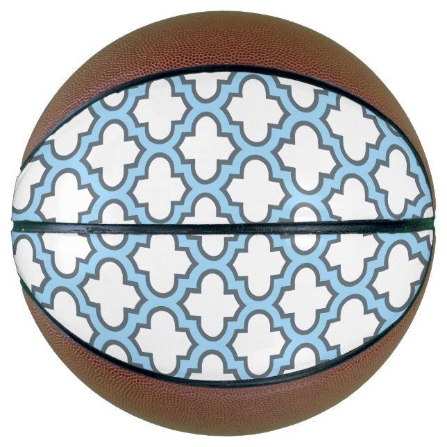 White and Baby Blue Trellis, Lattice, Quatrefoil Basketball (Front)