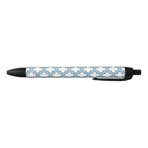 White and Baby Blue Trellis, Lattice, Quatrefoil Black Ink Pen