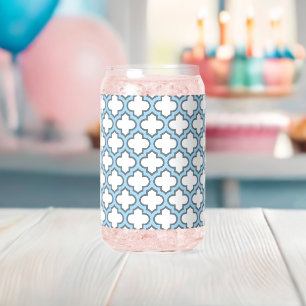 White and Baby Blue Trellis, Lattice, Quatrefoil Can Glass