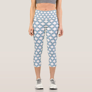 White and Baby Blue Trellis, Lattice, Quatrefoil Capri Leggings