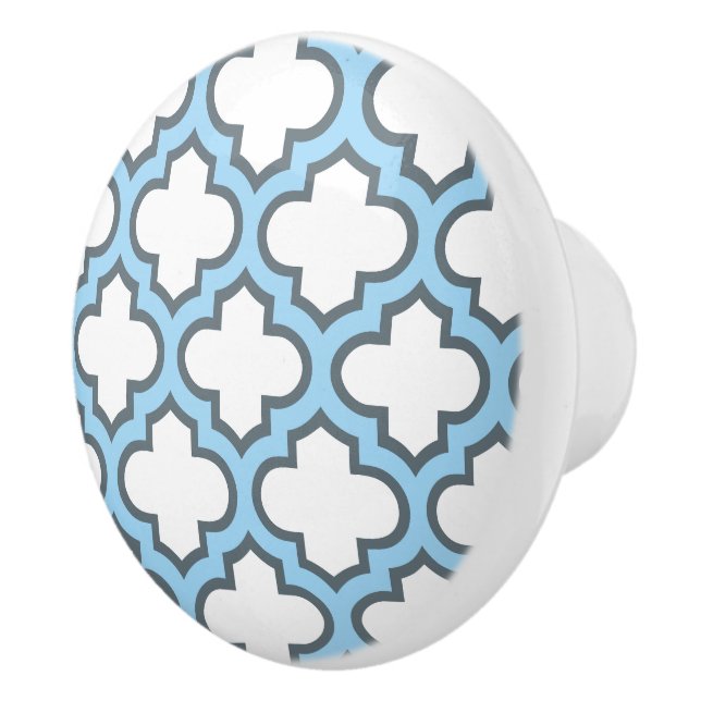 White and Baby Blue Trellis, Lattice, Quatrefoil Ceramic Knob (Right)