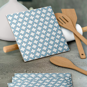 White and Baby Blue Trellis, Lattice, Quatrefoil Ceramic Tile