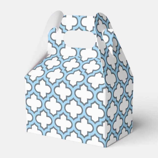 White and Baby Blue Trellis, Lattice, Quatrefoil Favour Box (Front Side)