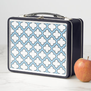White and Baby Blue Trellis, Lattice, Quatrefoil Metal Lunch Box
