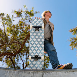 White and Baby Blue Trellis, Lattice, Quatrefoil Skateboard