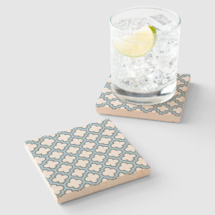White and Baby Blue Trellis, Lattice, Quatrefoil Stone Coaster