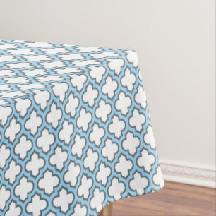White and Baby Blue Trellis, Lattice, Quatrefoil Tablecloth