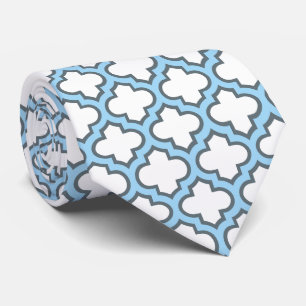 White and Baby Blue Trellis, Lattice, Quatrefoil Tie