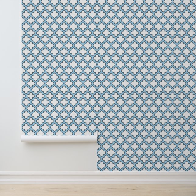 White and Baby Blue Trellis, Lattice, Quatrefoil Wallpaper (Application)