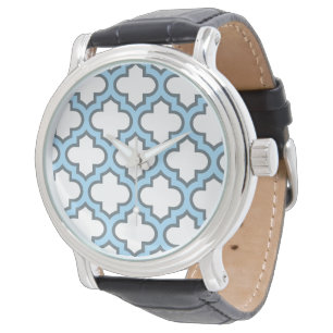 White and Baby Blue Trellis, Lattice, Quatrefoil Watch