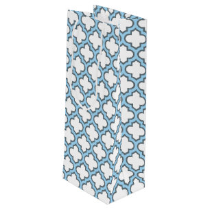 White and Baby Blue Trellis, Lattice, Quatrefoil Wine Gift Bag