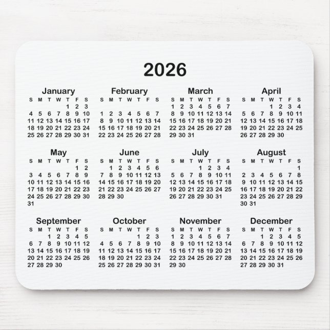 White and Black 2026 Calendar Mouse Pad (Front)