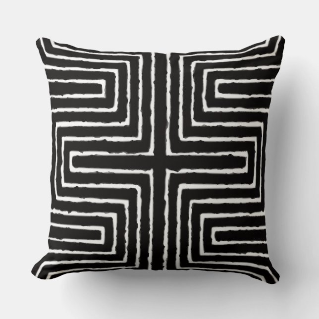  White and Black African Maze Mud Cloth Tribal Cushion (Front)