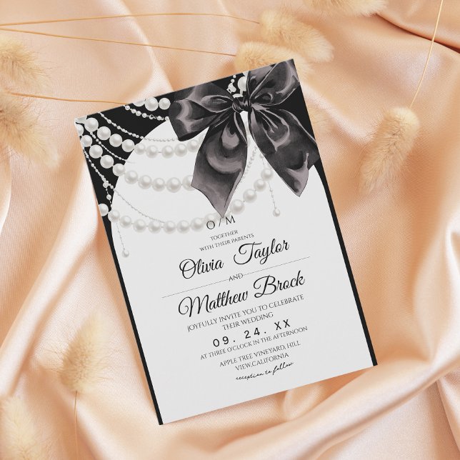 White and Black Bow Pearls Modern Elegant Wedding Invitation (Creator Uploaded)