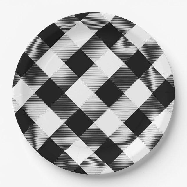 White and Black Buffalo Plaid Paper Plate (Front)