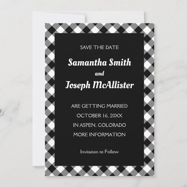 White and Black Buffalo Plaid Save the Date Invitation (Front)