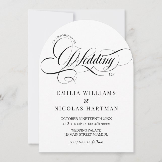 White and Black Calligraphy Wedding Invitation (Front)