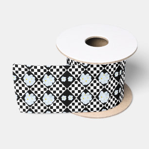 White And Black Checked Pansy Design, Satin Ribbon