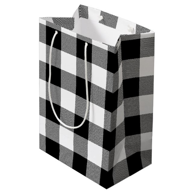 White and Black Chevron Buffalo Plaid Medium Gift Bag (Back Angled)