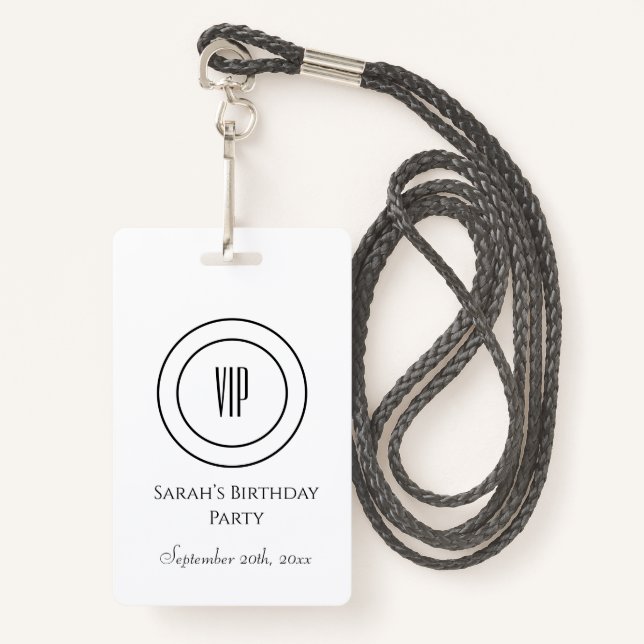 White and Black Chic Birthday Party VIP Access ID Badge (Front with Lanyard)
