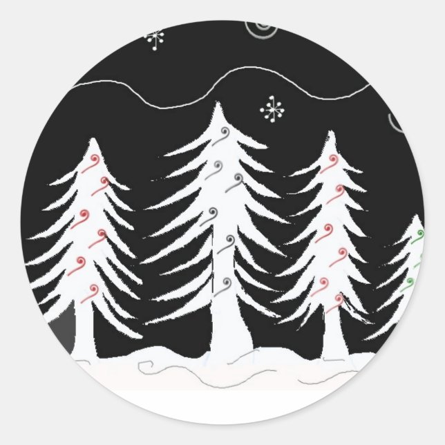 White and Black Christmas Scene Classic Round Sticker (Front)